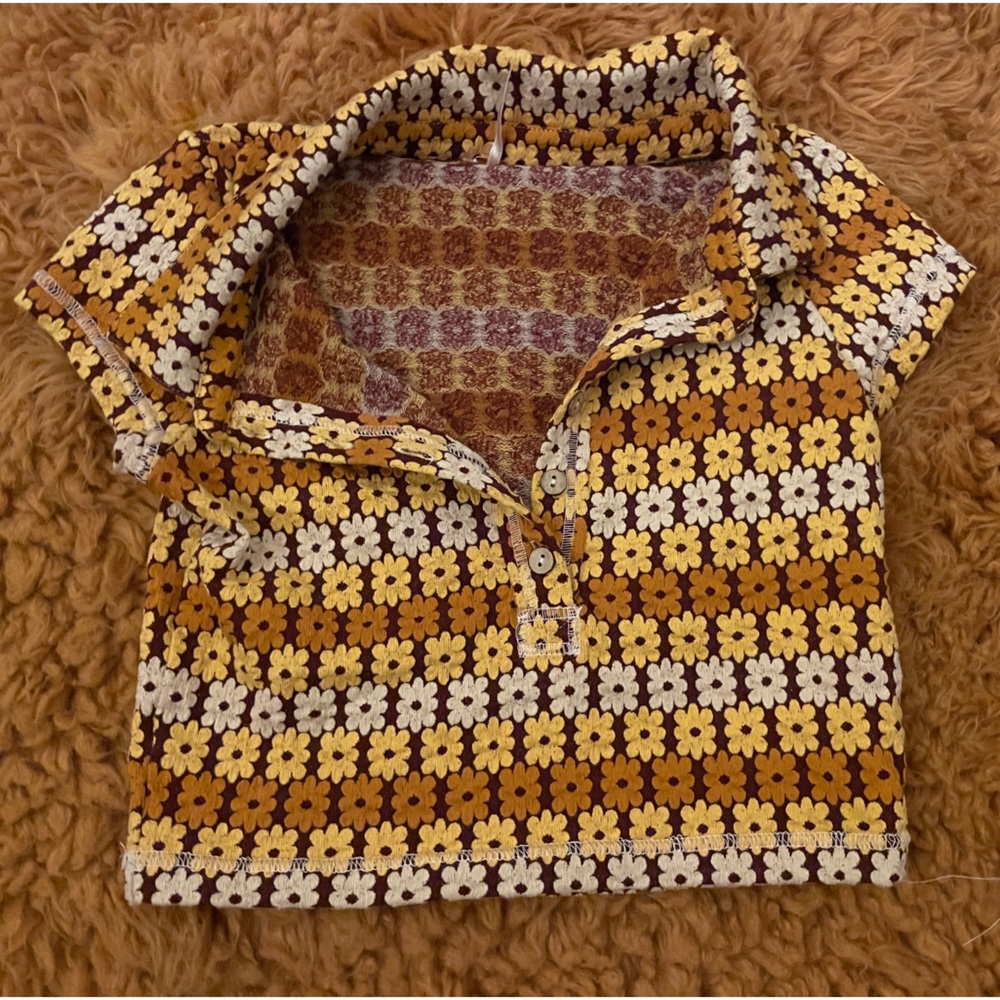 Free People orange, brown, and white collar button up top